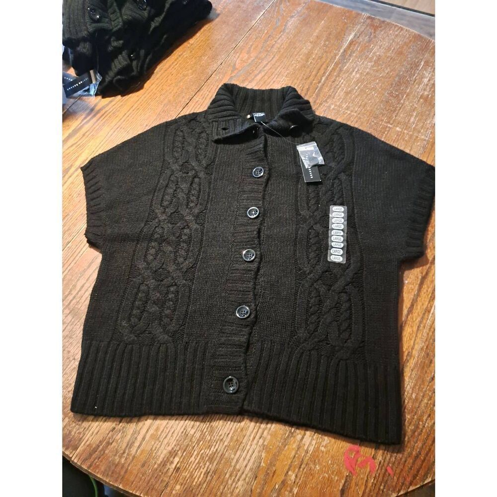 New Lauren Hansen Womens Size Large Black Button Front Knit Cable Sweater NWT